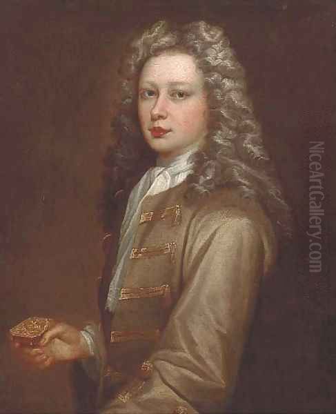 Portrait of Edmund Kershaw (b.1701), half-length, wearing an olive jacket, white cravat, and holding a silver box - view 1