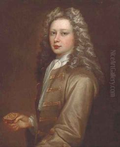Portrait of Edmund Kershaw (b.1701), half-length, wearing an olive jacket, white cravat, and holding a silver box by Sir Godfrey Kneller
