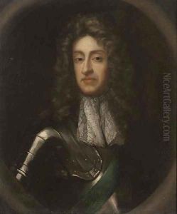 Portrait of James II (1633-1701), half-length, in armour, sculpted cartouche