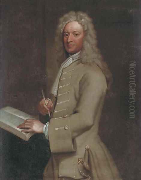 Portrait of John Morley (1656-1732), three-quarter-length, in a light brown jacket, holding a quill pen in his right hand - view 1