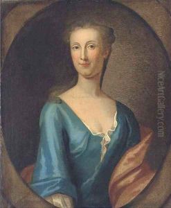 Portrait of Martha Rawson of Bolling, bust-length, in a blue dress and red wrap, in a feigned oval by Sir Godfrey Kneller