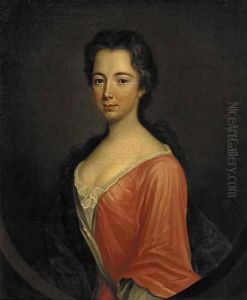 Portrait of Miss Ray, three-quarter-length, in a red dress and blue wrap, feigned oval