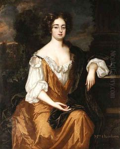 Portrait of Mrs. Overbury, seated three-quarter length, wearing a gold dress with a brown cloak, a landscape with a parkland beyond