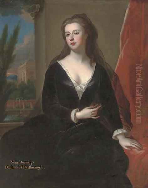 Portrait of Sarah Jennings, Duchess of Marlborough (1660-1744), seated three-quarter length, by a red curtain, in a black velvet dress - view 1