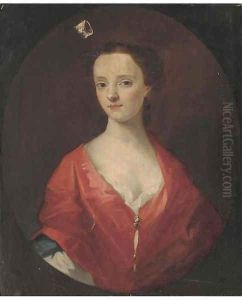 Portrait of a young lady, bust-length in a red dress within a feigned oval by Sir Godfrey Kneller