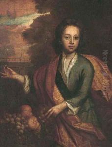 Portrait of a young man, three-quarter-length, in a blue coat with an orange mantle, a grape in his right hand and a bowl of fruit by his side by Sir Godfrey Kneller