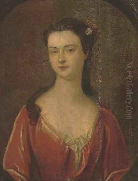 Portrait of Henrietta Erskine, bust-length, in a red dress with flowers in her hair, in a feigned oval - view 1