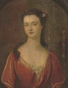 Portrait of Henrietta Erskine, bust-length, in a red dress with flowers in her hair, in a feigned oval by Sir Godfrey Kneller