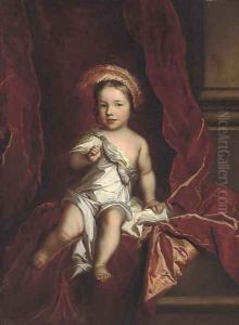Portrait of a young boy, seated full-length, wearing a white tunic, a red curtain beyond Portrait of a young boy, seated full-length, wearing a white tunic, a red curtain beyond