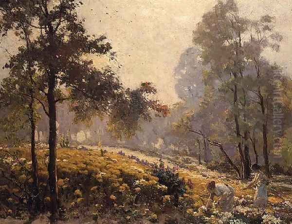 Women picking yellow flowers in a wooded landscape - view 1