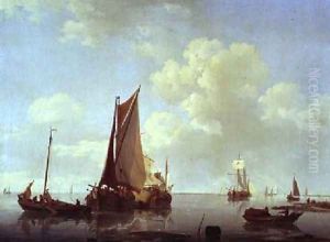 Dutch sailing barges in a calm offshore by Hermanus Koekkoek