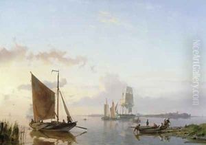 Sailing Vessels in an Estuary by Hermanus Koekkoek