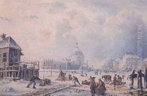 Figures on a Frozen Canal Amsterdam by Hermanus Koekkoek