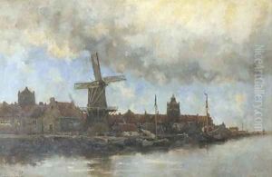 A view of a Dutch town along a river by Hermanus Koekkoek