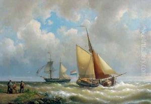 Sailing along a coast, a two-master in the distance by Hermanus Koekkoek