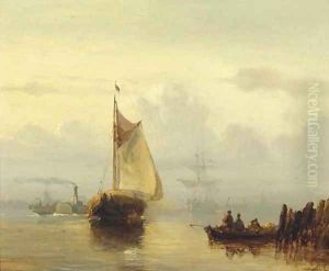 Steamship 'De Schelde' passing a haybarge on a misty morning by Hermanus Koekkoek