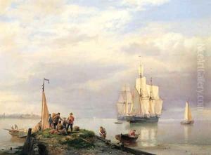 A calm - a river estuary with twomasters at anchor, fisherman on a jetty in the foreground