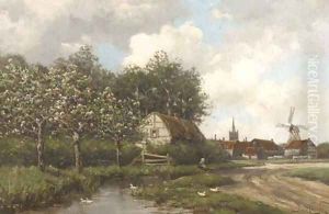 A village by a stream in spring by Hermanus Koekkoek