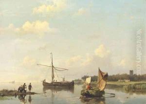 Activities on a calm river in summer Activities on a calm river in summer
