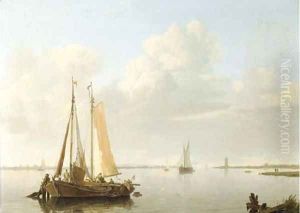 A calm fishing vessels at anchor in a river estuary by Hermanus Koekkoek