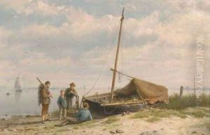 Fishermen along a shoreline by Hermanus Koekkoek