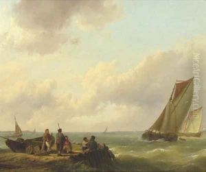 Fishermen on a jetty with sailingvessels approaching by Hermanus Koekkoek