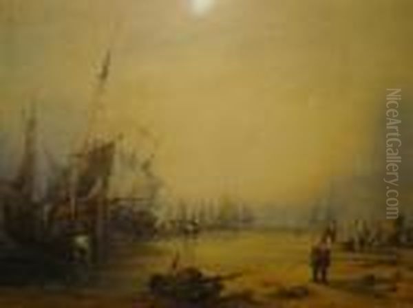 Beach Scene At Low Tide With Fisherfolk - view 1