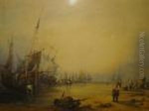 Beach Scene At Low Tide With Fisherfolk by Edward William Cooke