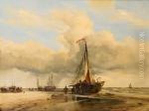 Dutch Trawlers Drying Their Sails And Nets On The Beach At Scheveningen by Edward William Cooke