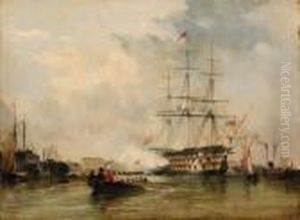 Gosport: Flagship At Portsmouth, Victory Saluting by Edward William Cooke