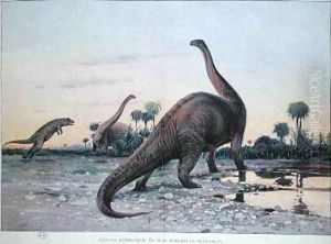 Prehistoric Animals a Laelaps attacking a Brontosaurus by Wilhelm Kuhnert