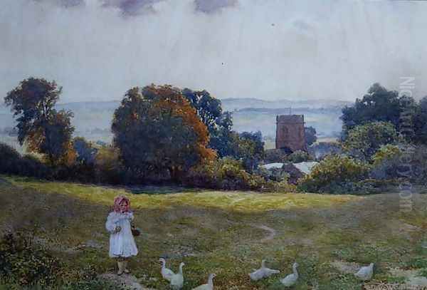 A Little Girl with Ducks in a Meadow - view 1