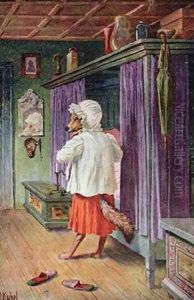 Postcard depicting the wolf disguised as Little Red Riding Hoods grandmother by Otto Kubel