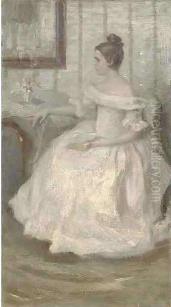 Portrait of a lady in white, seated, holding a book - view 1