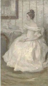 Portrait of a lady in white, seated, holding a book by Nikolaj Alekseevich Kasatkin