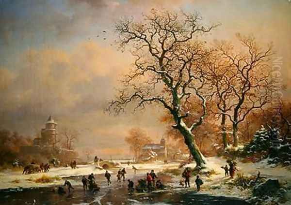 Frozen winter landscape with skaters - view 1