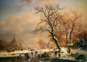 Frozen winter landscape with skaters by Frederick Marianus Kruseman