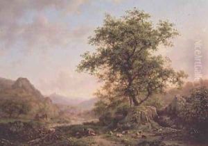 Wooded landscape with peasants and animals on path by Frederick Marianus Kruseman