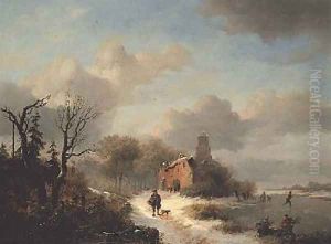 Winter landscape with peasant and figures on ice