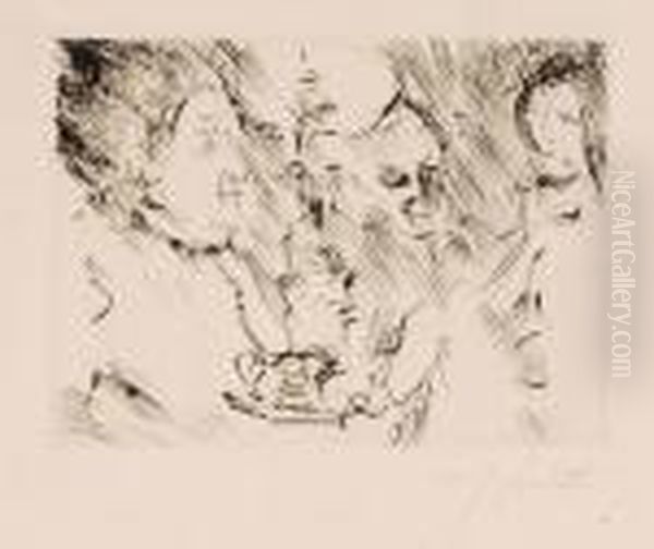 Drei Personen Am Tisch Bei Lampenschein. 1924 - view 1