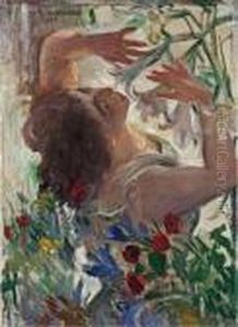 "frau Mit Lilien Im Treibhaus"