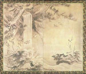 Two Fold Screen depicting Birds and Waterfall by Eitoku Kano
