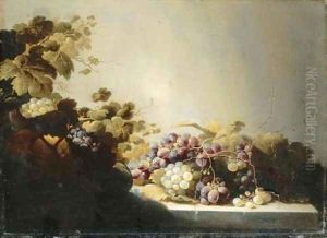 Grapes on a stone ledge with citrus fruits in a basket by Roloef Koets