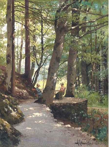 Two ladies at rest in a wooded landscape - view 1