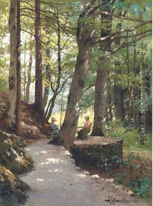 Two ladies at rest in a wooded landscape by Aleksei Danilovich Kivshenko