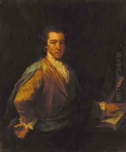 Portrait of a gentleman, three-quarter-length, in a brown coat and blue mantle, his left hand resting on a book by Angelica Kauffmann