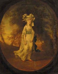 Portrait of a girl, small full-length, in a white dress with blue sash, in a landscape, feigned oval