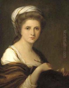 Portrait of the artist, bust-length, a pen and folio under her arm