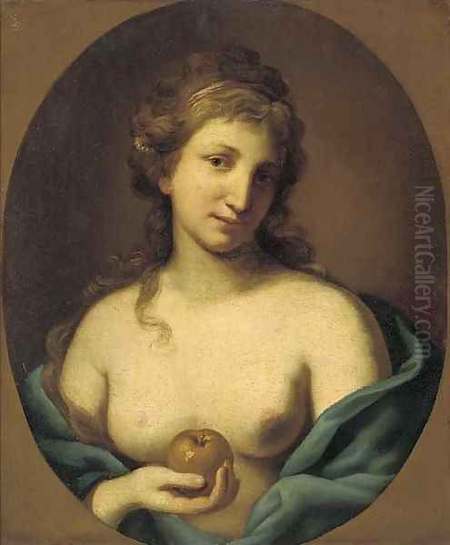 Portrait of a lady, bust-length, holding an apple and wearing a loose shawl - view 1