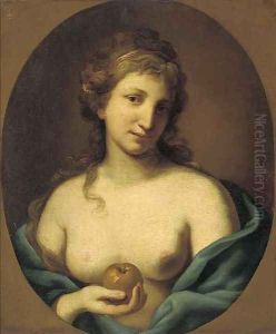 Portrait of a lady, bust-length, holding an apple and wearing a loose shawl by Angelica Kauffmann